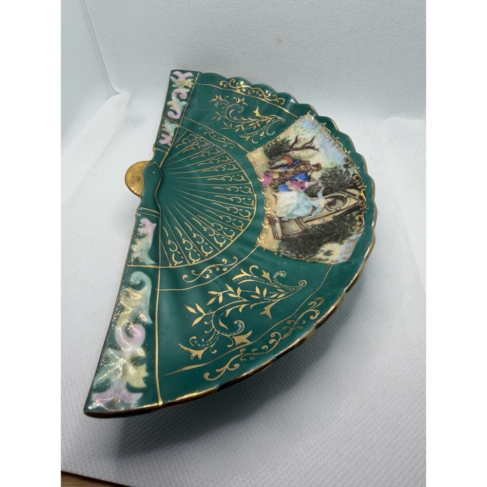 Vintage Fan Shaped Trinket Dish, Made in Japan, Green Gilded Porcelain Plate